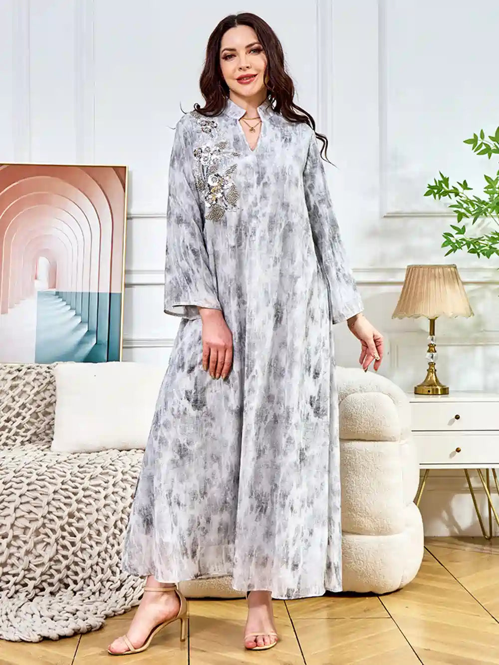 Hotfix Rhinestone Beaded Caftan Dress for Women - Elegant Kaftan with Crystal Embellishments for Eid, Parties, and Special Occasions