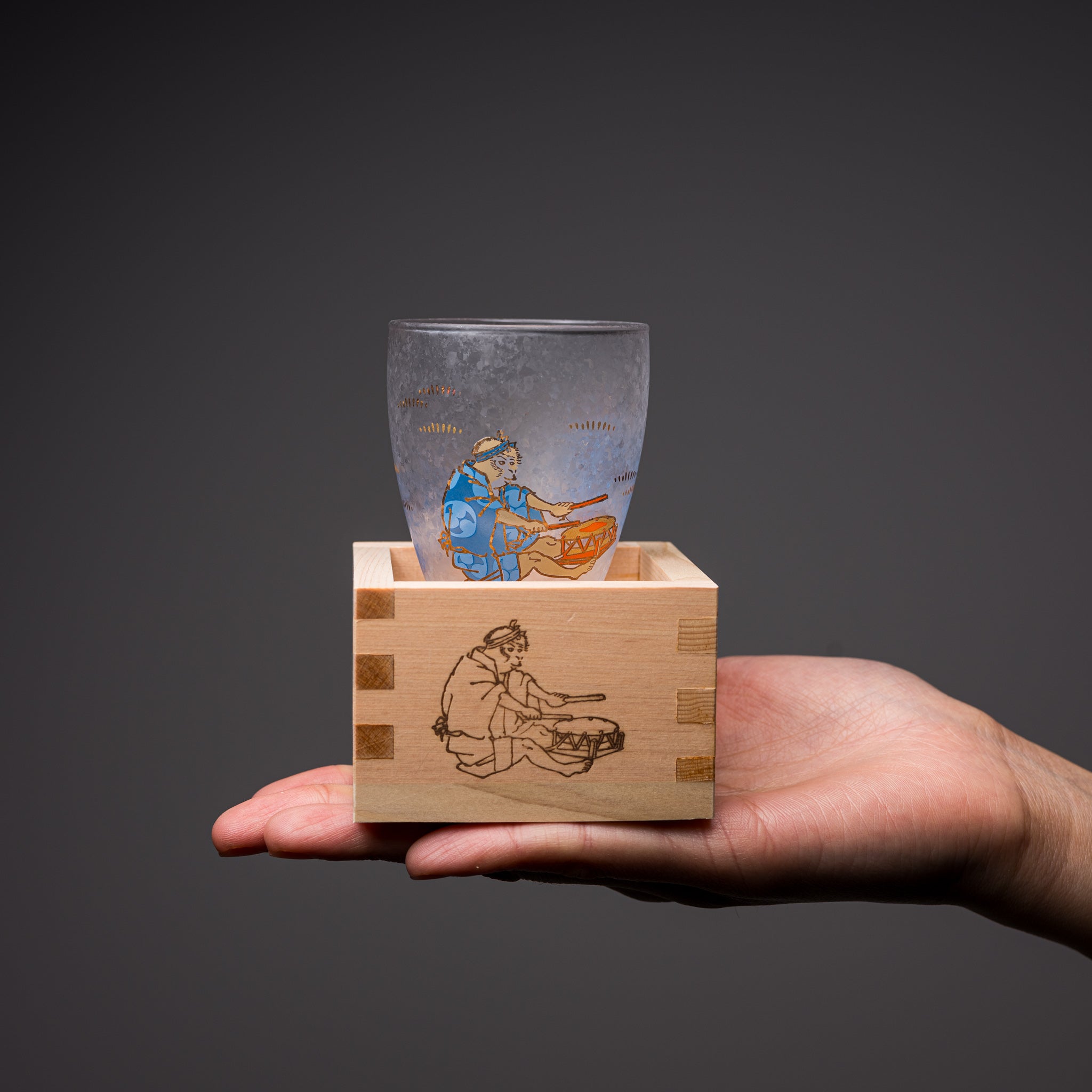 Lucky Animals Masuzake Sake Cup with Wooden Masu - Monkey Design Japanese Traditional Drinking Vessel for Sake Ceremonies & Home Bar Decor