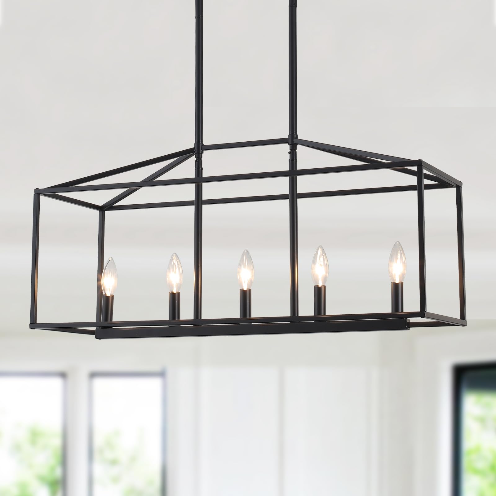 ALISADABOY Modern Black Rectangle Chandelier - 5-Light Linear Pendant Lighting for Farmhouse Dining Room, Rustic Kitchen Island & Living Room | Perfect Over Dining Table & Kitchen Counter