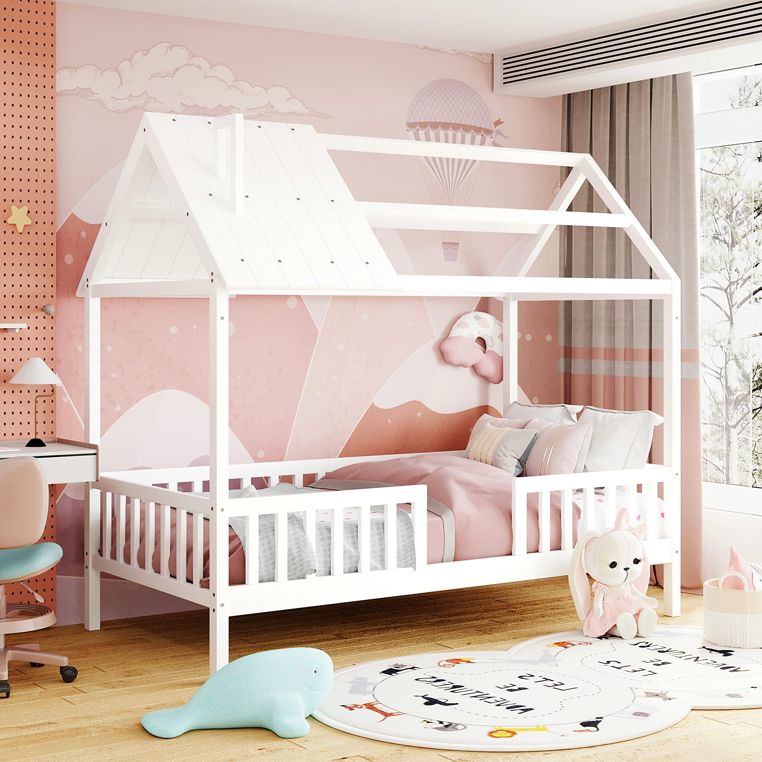 MERITLINE Twin Size Kids House Bed Frame - Wooden Loft Bed with Roof & Fence for Boys, Girls, Teens - No Box Spring Needed - White - Perfect for Bedroom, Playroom & Montessori Style Decor