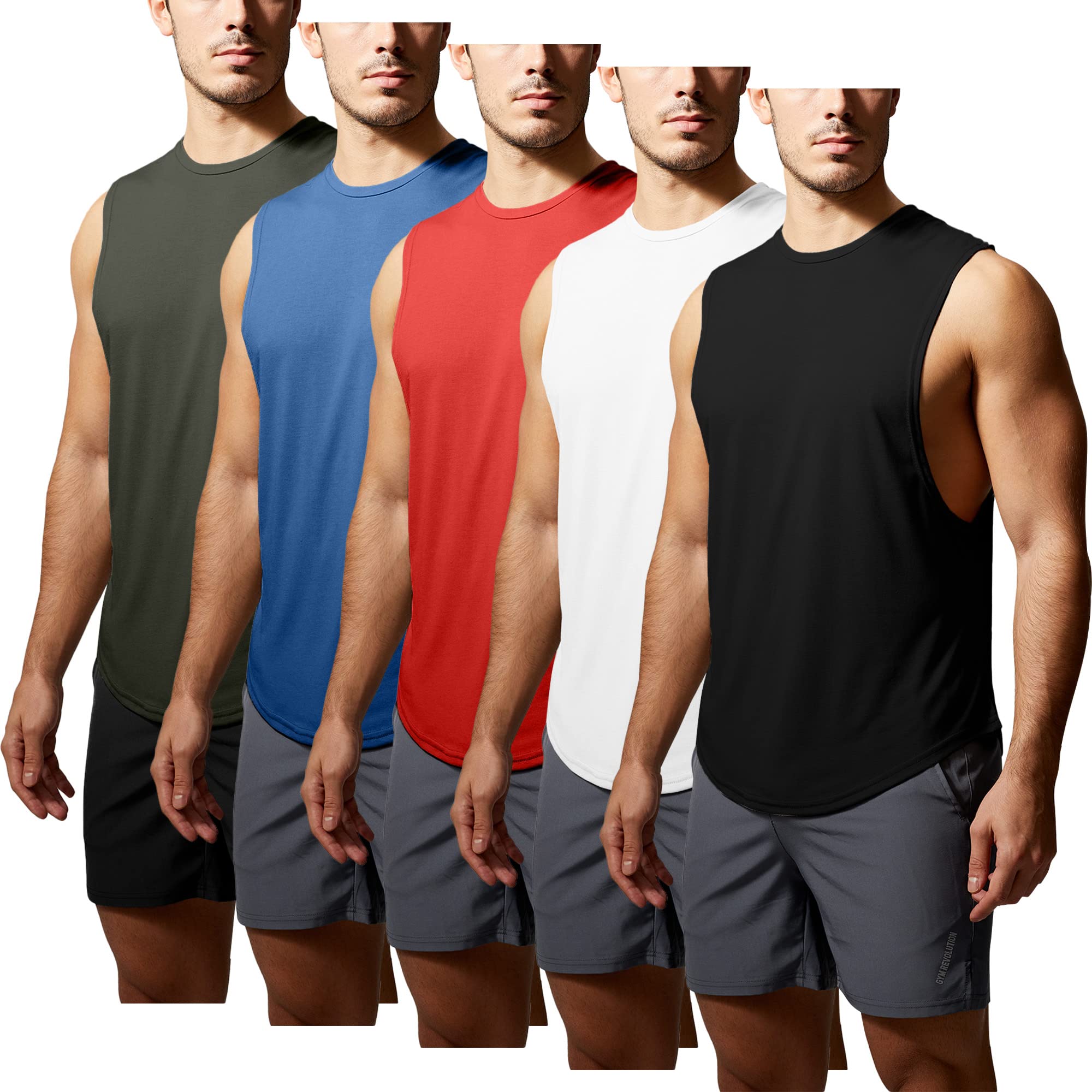 GYM REVOLUTION Men's 5 Pack Workout Tank Tops - Moisture Wicking Athletic Sleeveless Shirts for Gym, Running & Fitness Training - Breathable Quick Dry Muscle Tees for Men