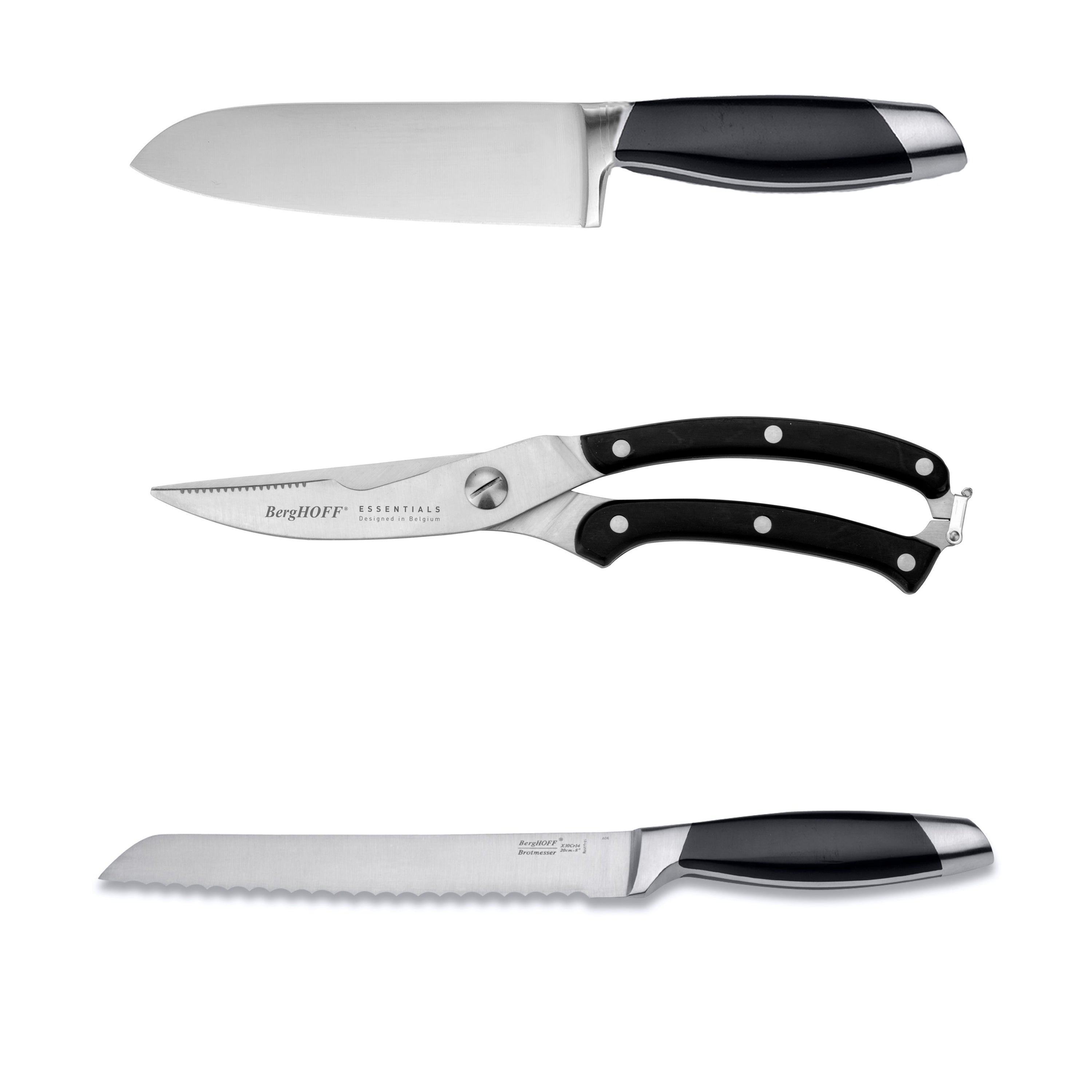 BergHOFF Moon 3-Piece Stainless Steel Cutlery Set - Chef Knife, Bread Knife & Poultry Shears with Ergonomic PP Handle for Professional Cooking & Home Kitchen Use