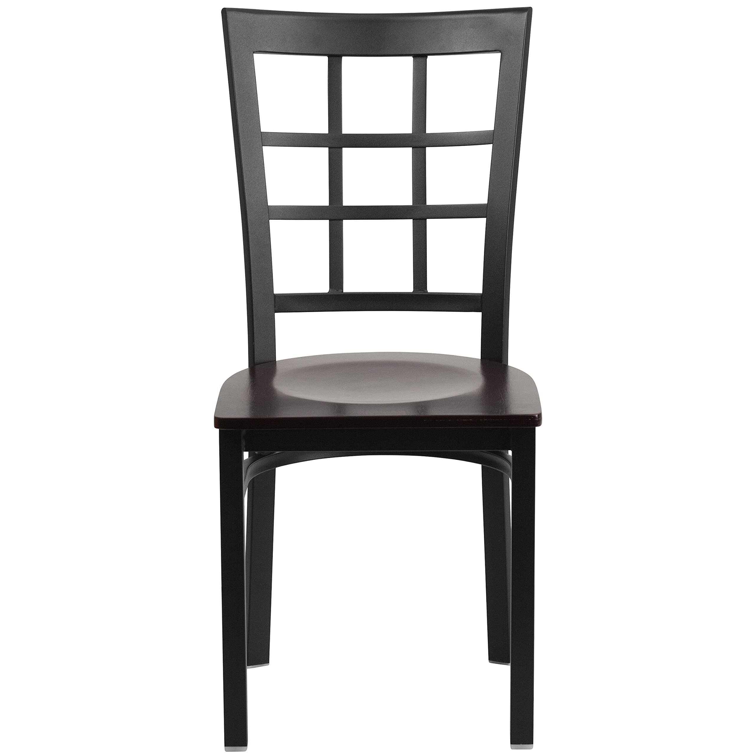 2 Pack Black Metal Frame Restaurant Chairs with Walnut Wood Seat - Heavy Duty Commercial Dining Chairs for Cafe, Bistro, and Home Kitchen Use