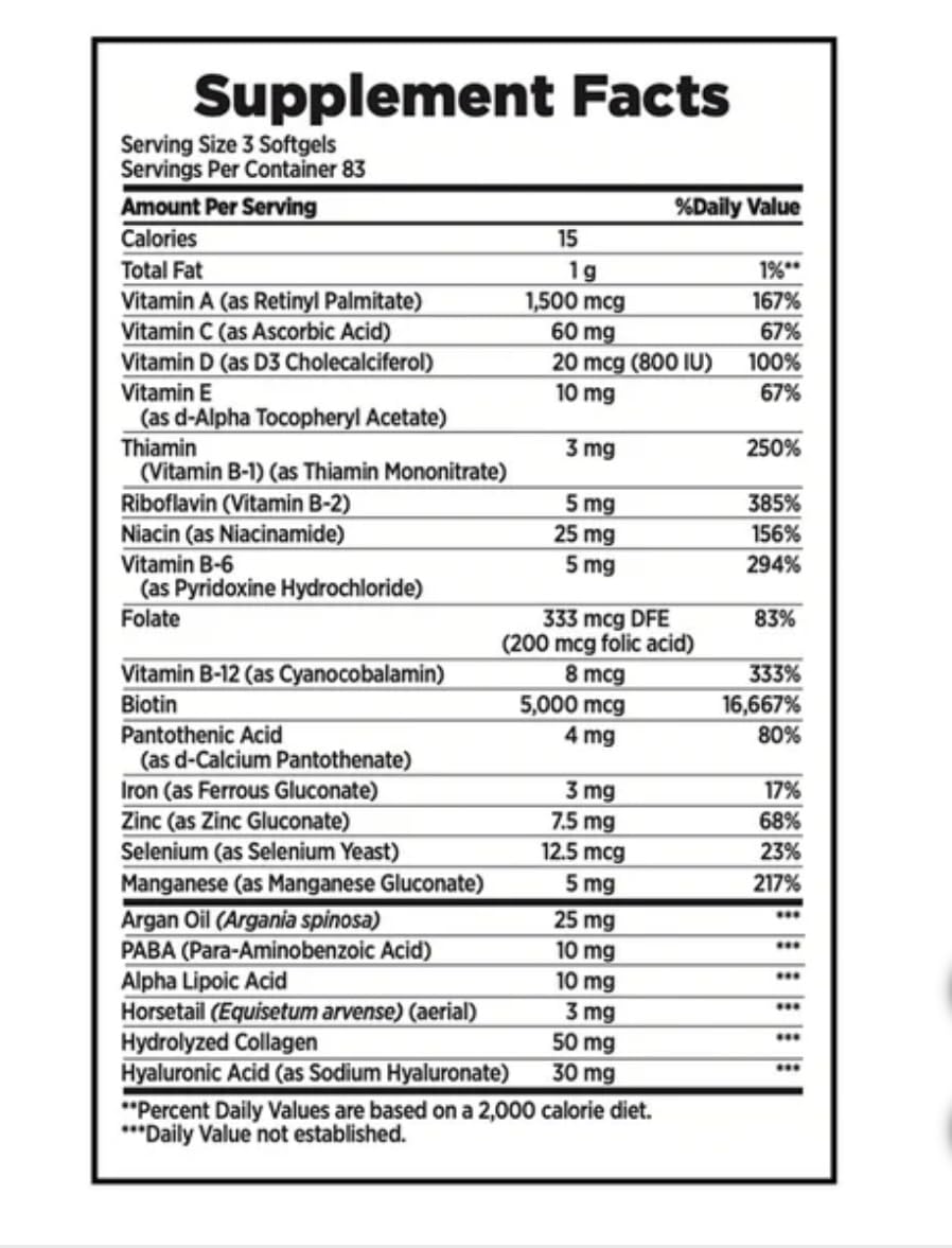 Nature's Bounty Hair Skin & Nails Supplement with Biotin & Collagen - 250 Softgels (2 Pack) - Promotes Healthy Hair Growth, Strong Nails & Glowing Skin for Women & Men