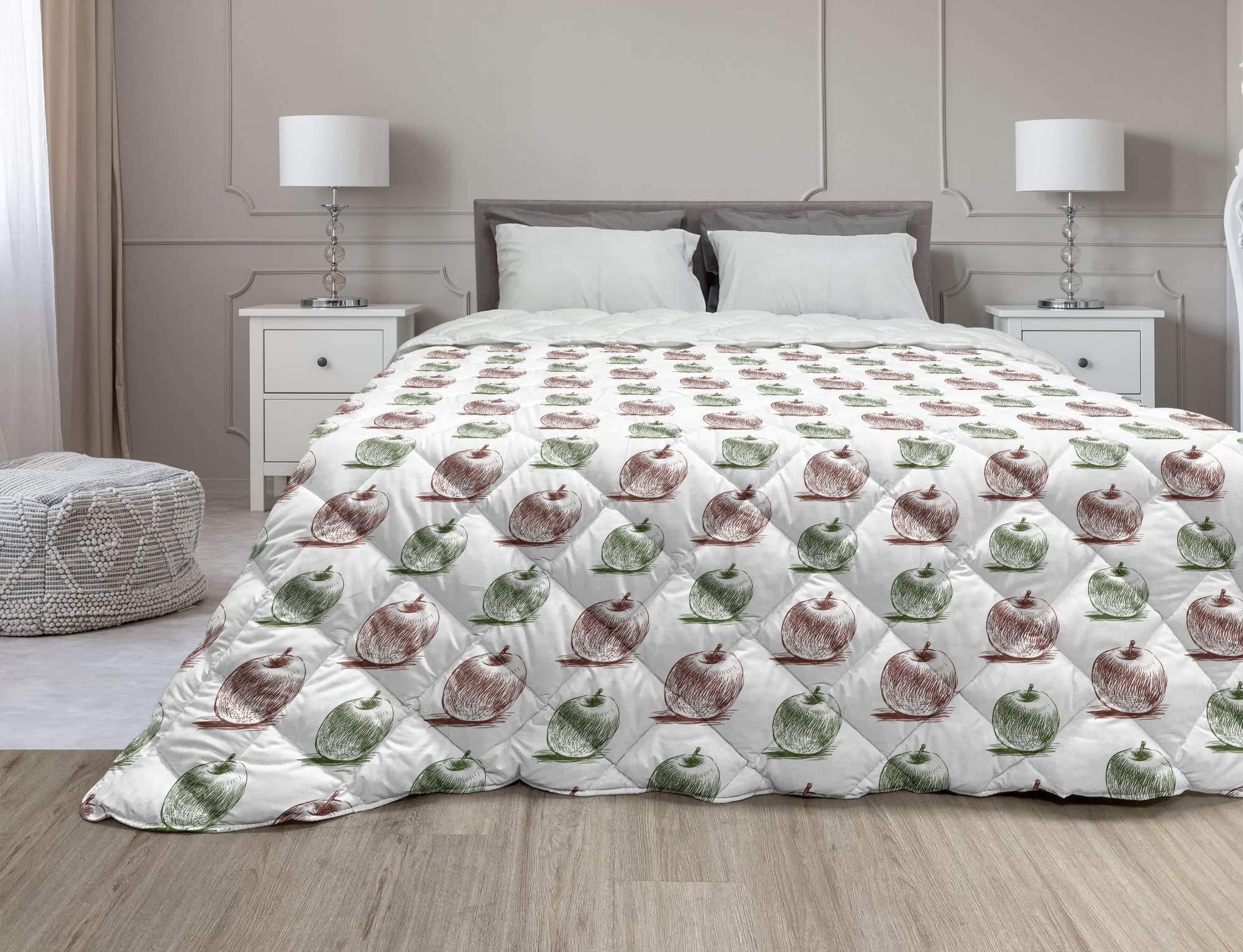 Ambesonne Fruits Down Alternative Comforter - Queen Size Apple Sketch Art Microfiber Quilt | Hand-Drawn Juicy Summer Snacks & Garden Illustration | All-Season Bedding in Pale Maroon & Olive Green | Perfect for Guest Rooms, Dorm Decor & Cozy Bedroom Makeovers