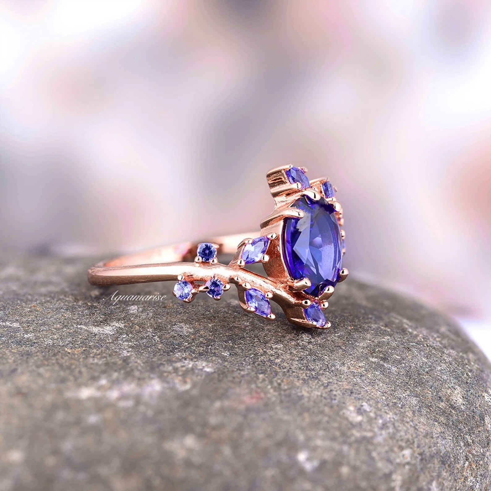 Orion Nebula & Cornflower Sapphire Leaf Couples Ring - Matching Wedding Bands, Celestial Inspired Jewelry for Anniversaries & Romantic Gifts
