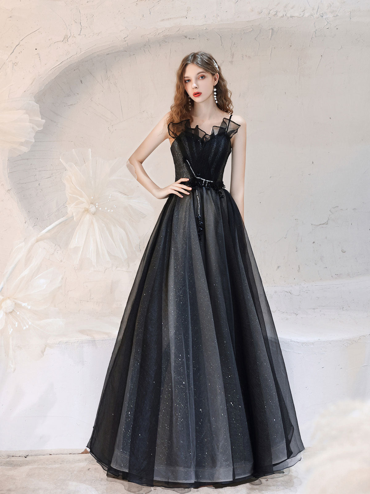 Elegant Black Tulle Lace Long Prom Dress - Formal Evening Gown for Homecoming, Ball, Wedding & Special Occasions