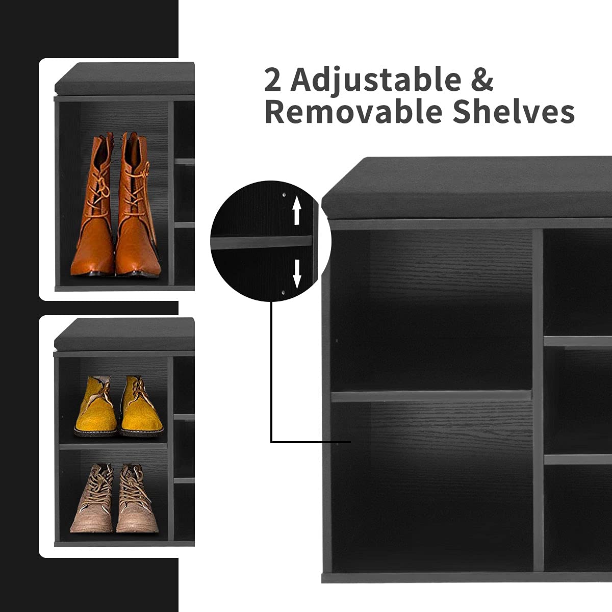 10-Cube Shoe Storage Bench with Padded Seat & Adjustable Shelves - Entryway Organizer for Living Room, Bedroom, Hallway & Mudroom - Perfect for Small Space Organization & Shoe Display (Black)