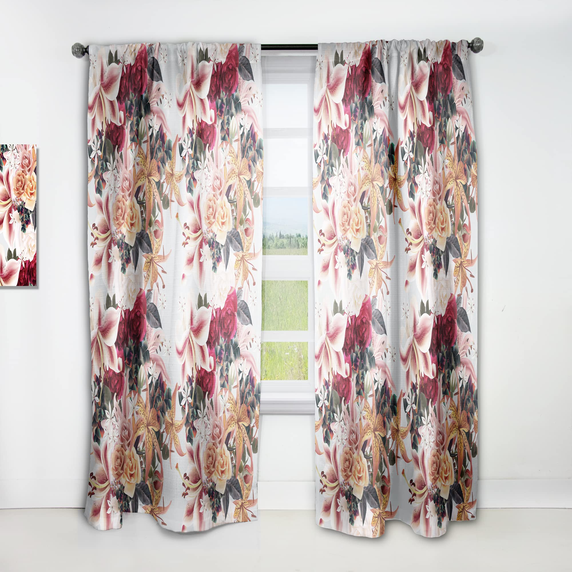 Floral Print Curtains with Roses & Lilies - Thermal Insulated Single Panel (52x90 inches) for Bedroom & Living Room - Elegant Window Drapes for Home Decor & Light Blocking
