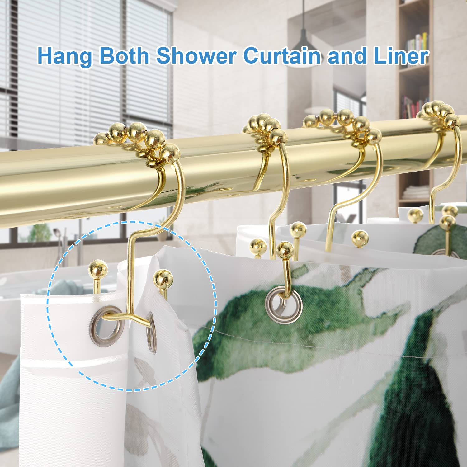TENOVEL 12-Pack Gold Stainless Steel Shower Curtain Hooks - Double Sided Rust-Proof Bathroom Hangers for Shower Rods & Curtains - Durable Decorative Hooks for Bathroom, RV & Dorm Use