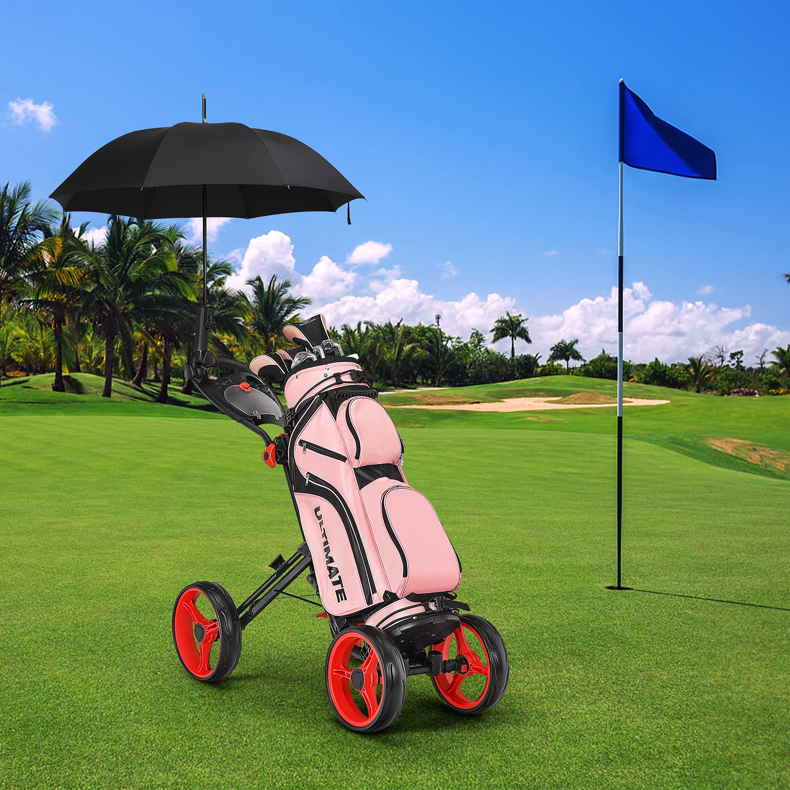 GYMAX 4 Wheel Folding Golf Push Cart - Adjustable Height Golf Trolley with Umbrella Holder, Cup Holder & Foot Brake | Lightweight Portable Golf Caddy for Adults & Teens | Perfect for Course, Driving Range & Practice Sessions