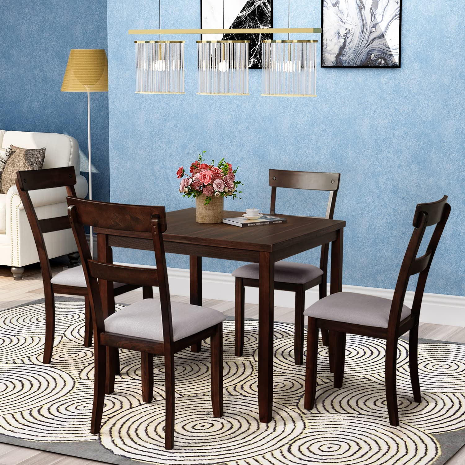 5-Piece Industrial Wooden Dining Table Set with 4 Chairs - Espresso Finish Kitchen Table for Dining Room | Perfect for Small Spaces, Family Meals & Modern Farmhouse Decor