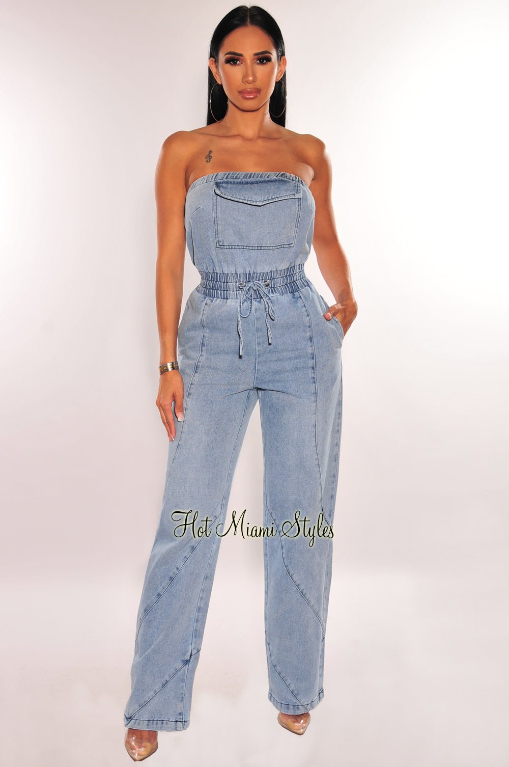 Strapless Denim Jumpsuit with Drawstring Waist & Wide Leg Design - Casual Chic Outfit for Summer, Beach, and Street Style Fashion
