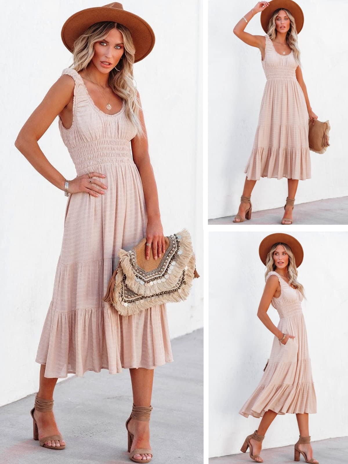 AlvaQ Women's Summer Sleeveless Smocked Midi Dress - High Waist A-Line Sundress with Pockets for Beach, Vacation & Casual Wear | Flowy Tiered Dress for Outdoor Activities & Date Nights