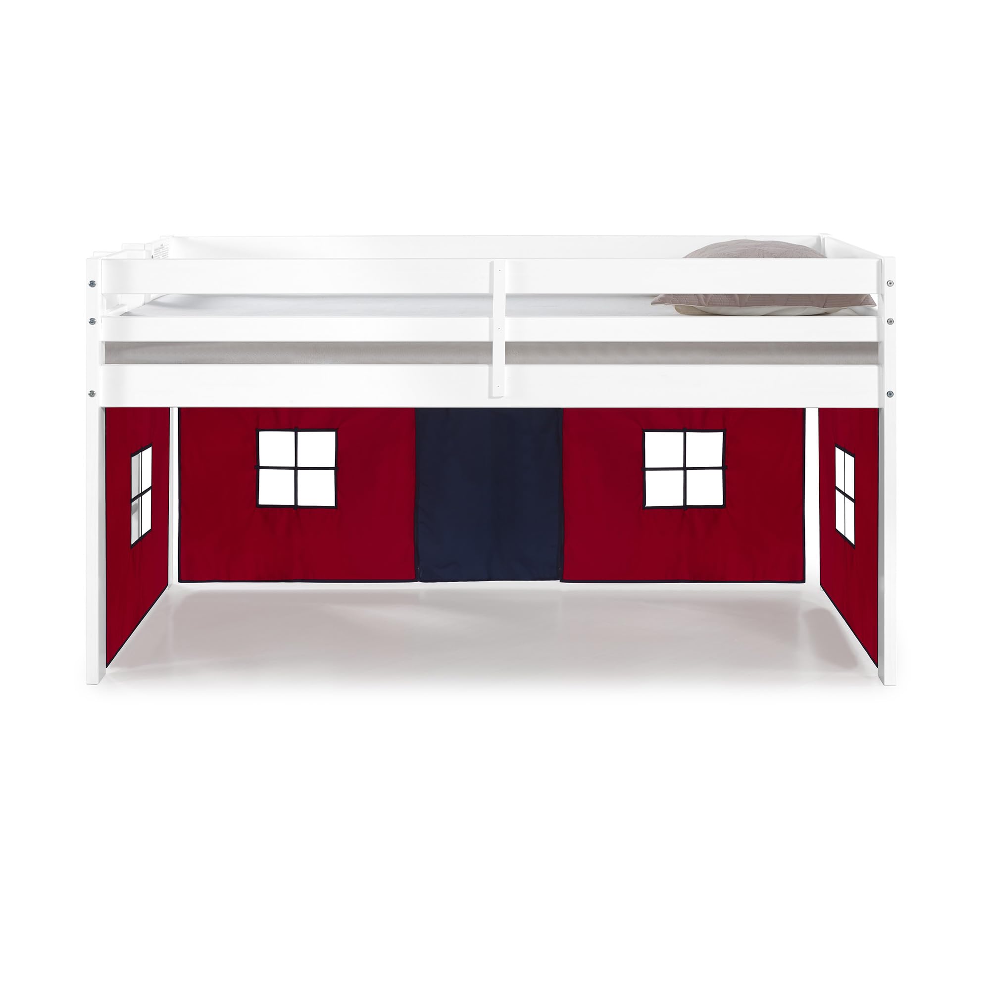 Alaterre Jasper Twin Junior Loft Bed with Playhouse Tent - White Frame & Red/Blue Bottom - Kids Space-Saving Bunk Bed for Small Rooms & Play Areas