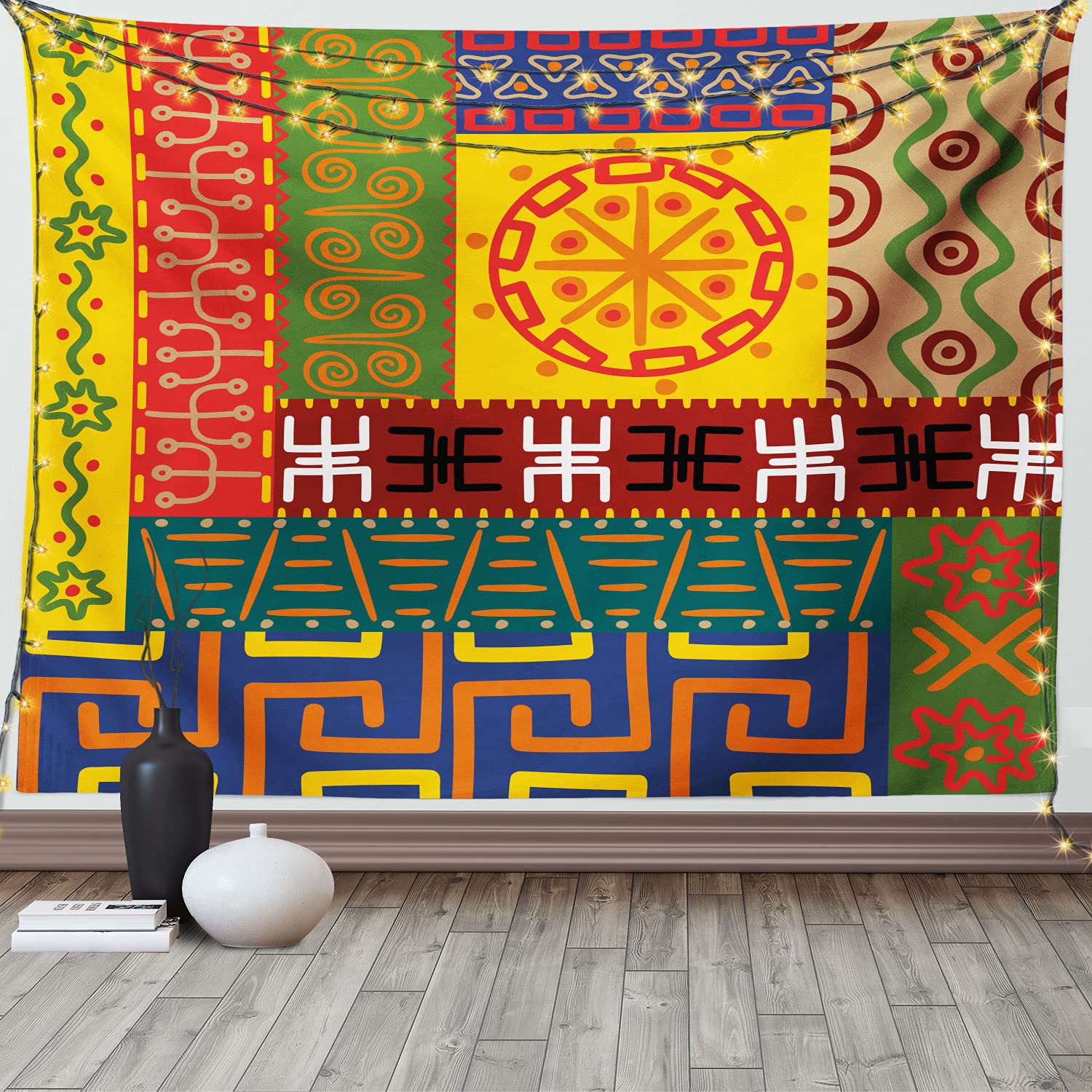 Ambesonne Prehistoric Tapestry - Abstract Tribal Wall Art with Indigenous Patterns, 60x40 Inch Yellow Green Wall Hanging for Bedroom, Living Room, Dorm Decor | Perfect for Boho Home Decor, Meditation Spaces & Unique Gift Ideas