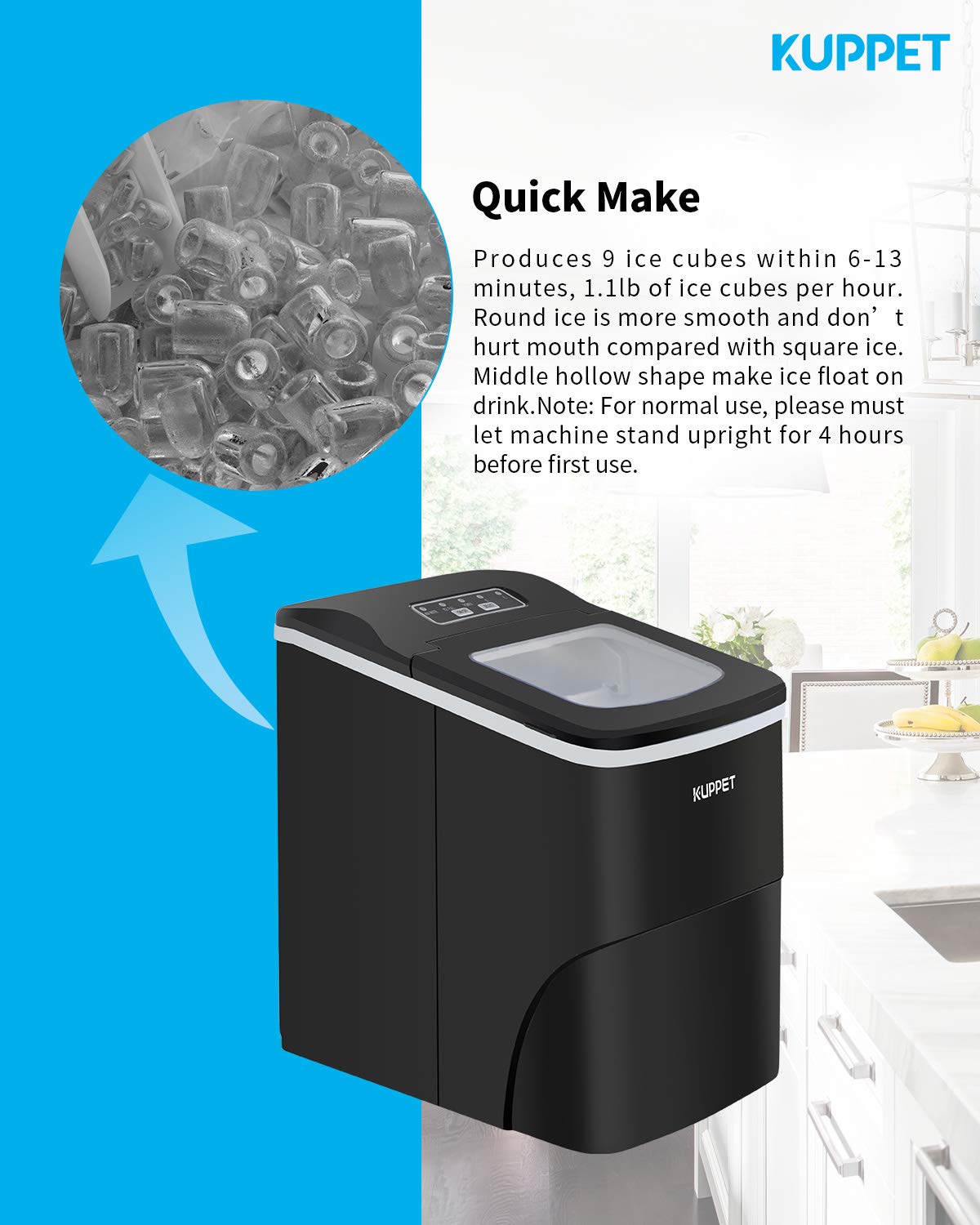 KUPPET Portable Countertop Ice Maker Machine - 26 lbs Daily Capacity, Fast Ice Production, Quiet Operation, Black - Perfect for Home, Office, RV & Outdoor Use