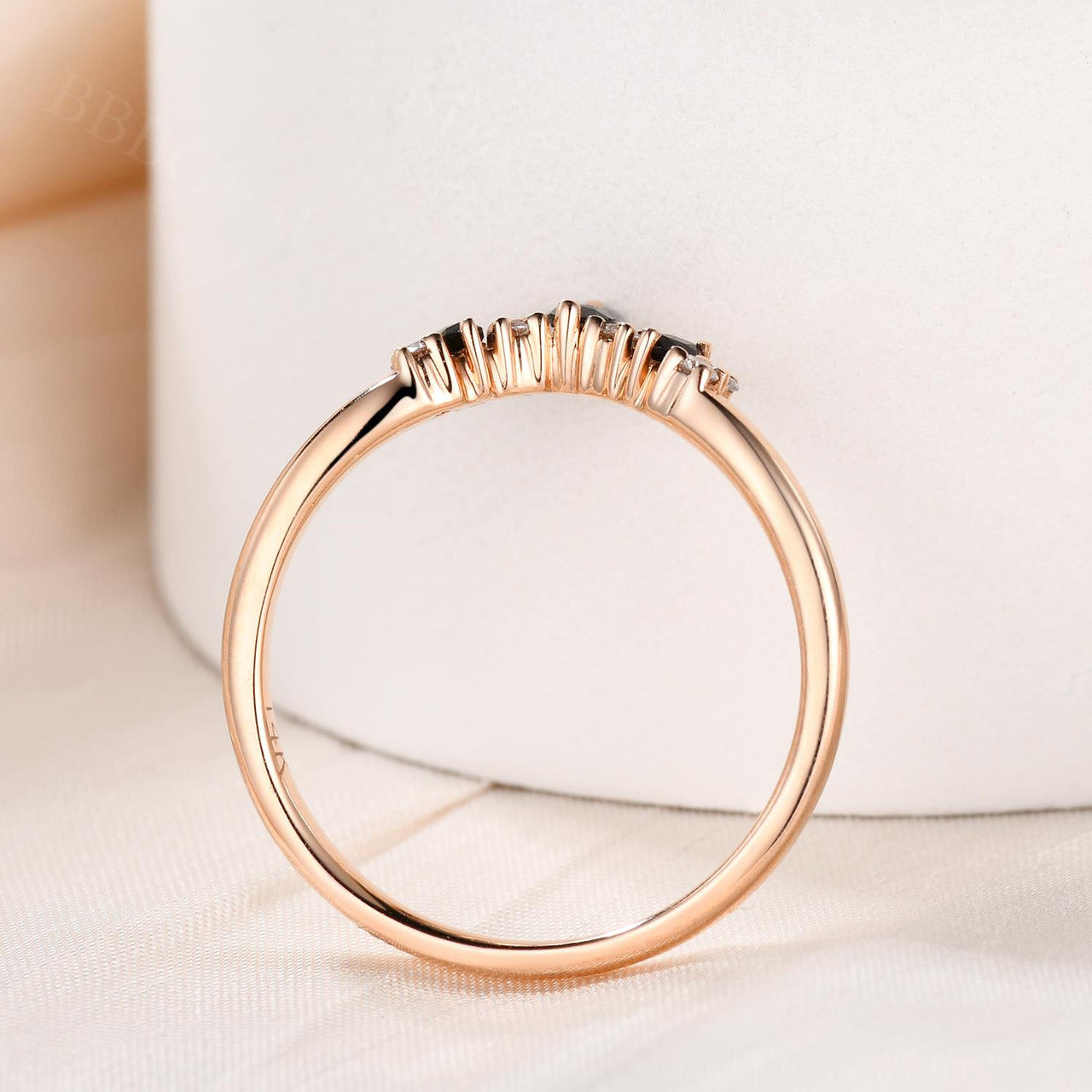 Elegant Marquise & Round Cut Black Spinel Diamond Wedding Band for Women - Curved Stackable Ring for Bridal, Anniversary & Special Occasions