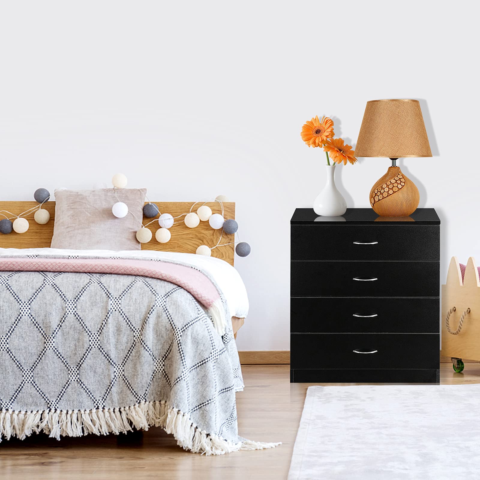 Homvent 4 Drawer Wooden Dresser Nightstand - Chest of Drawers for Bedroom, Living Room & Makeup Vanity - Black Storage Organizer with Spacious Drawers for Clothes, Jewelry & Home Organization
