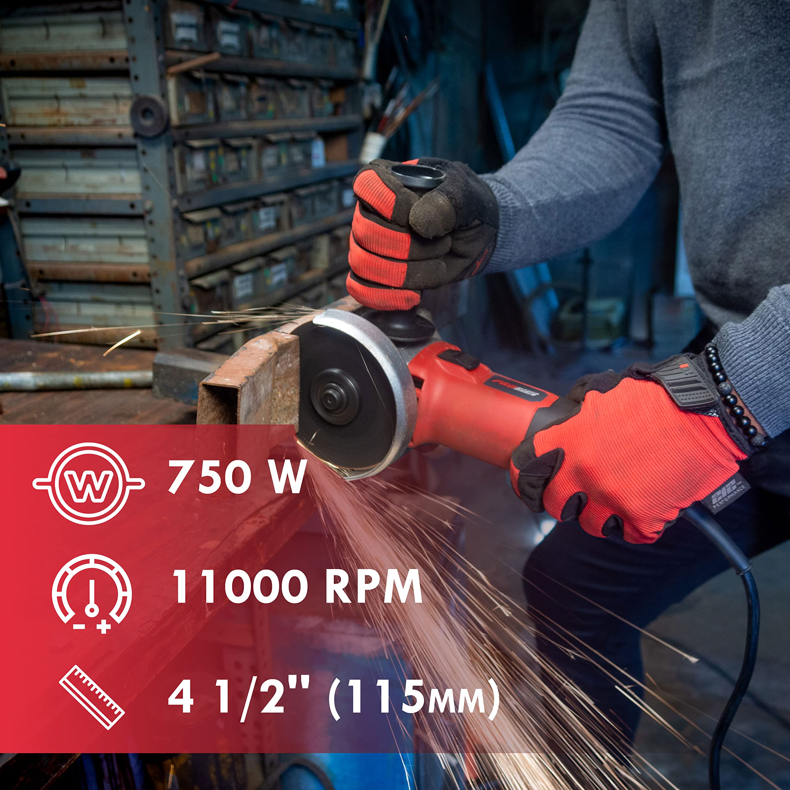 PROMAKER 6.5-Amp 4-1/2 Inch (115mm) Angle Grinder with 750W Power, Includes Grinding Wheel & 2 Extra Carbon Brushes - PRO-ES750 - Perfect for Metal Cutting, Polishing, and DIY Home Improvement Projects