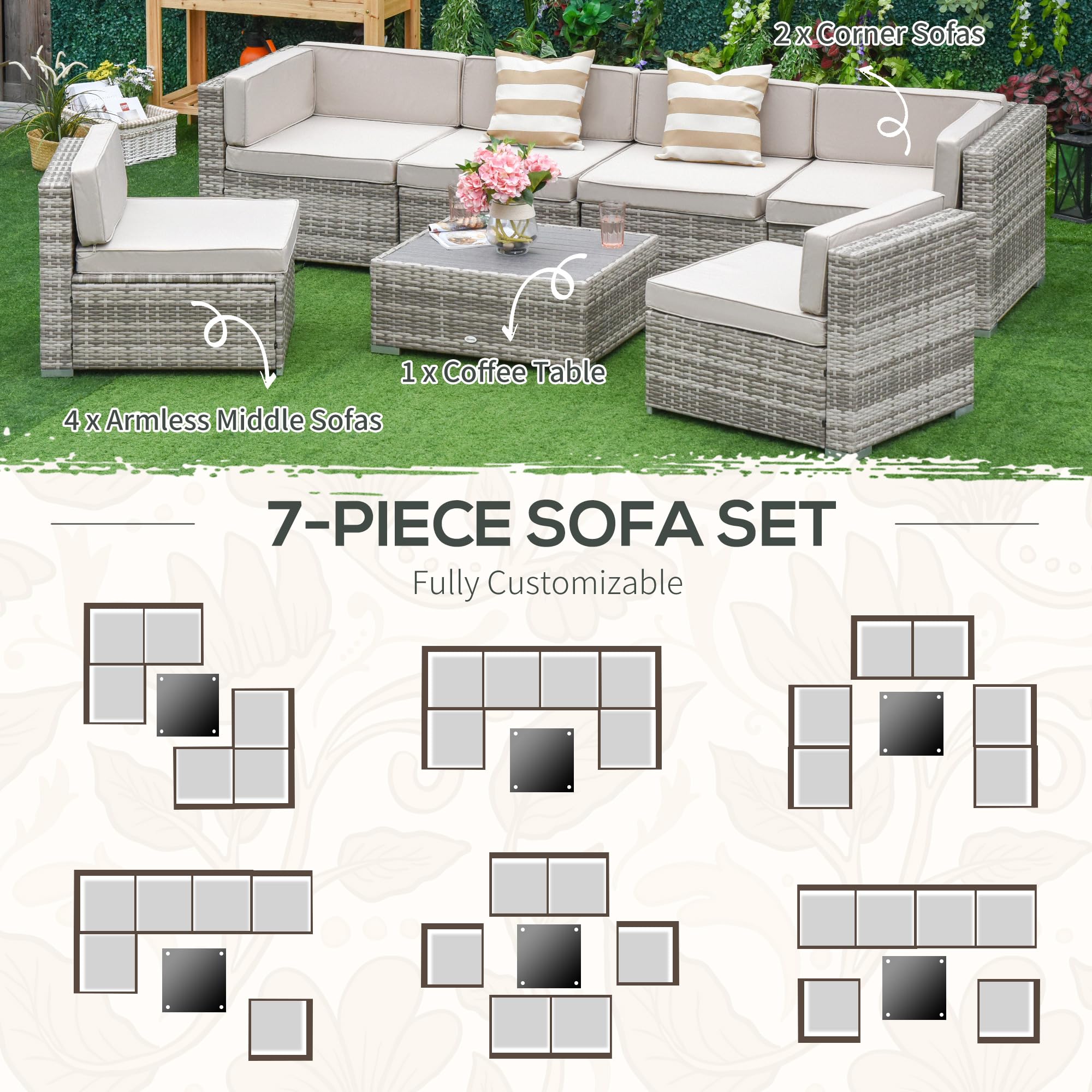 Outsunny 7-Piece All-Weather PE Rattan Patio Furniture Set, Outdoor Wicker Sectional Sofa with Cushions & Faux Wood Coffee Table - Beige Stripe Pillows - Perfect for Garden, Backyard, Poolside & Patio Relaxation