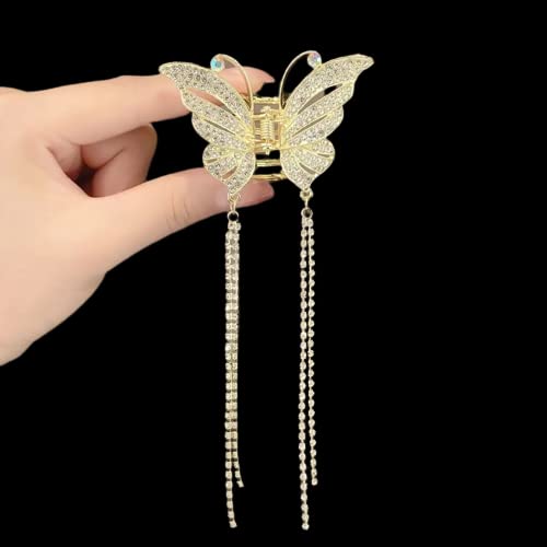 Falkiya Rhinestone Tassel Butterfly Hair Clips - Gold Metal Hair Claws with Pearls for Women & Girls | Small Size Hair Accessories for Parties, Weddings & Everyday Styling