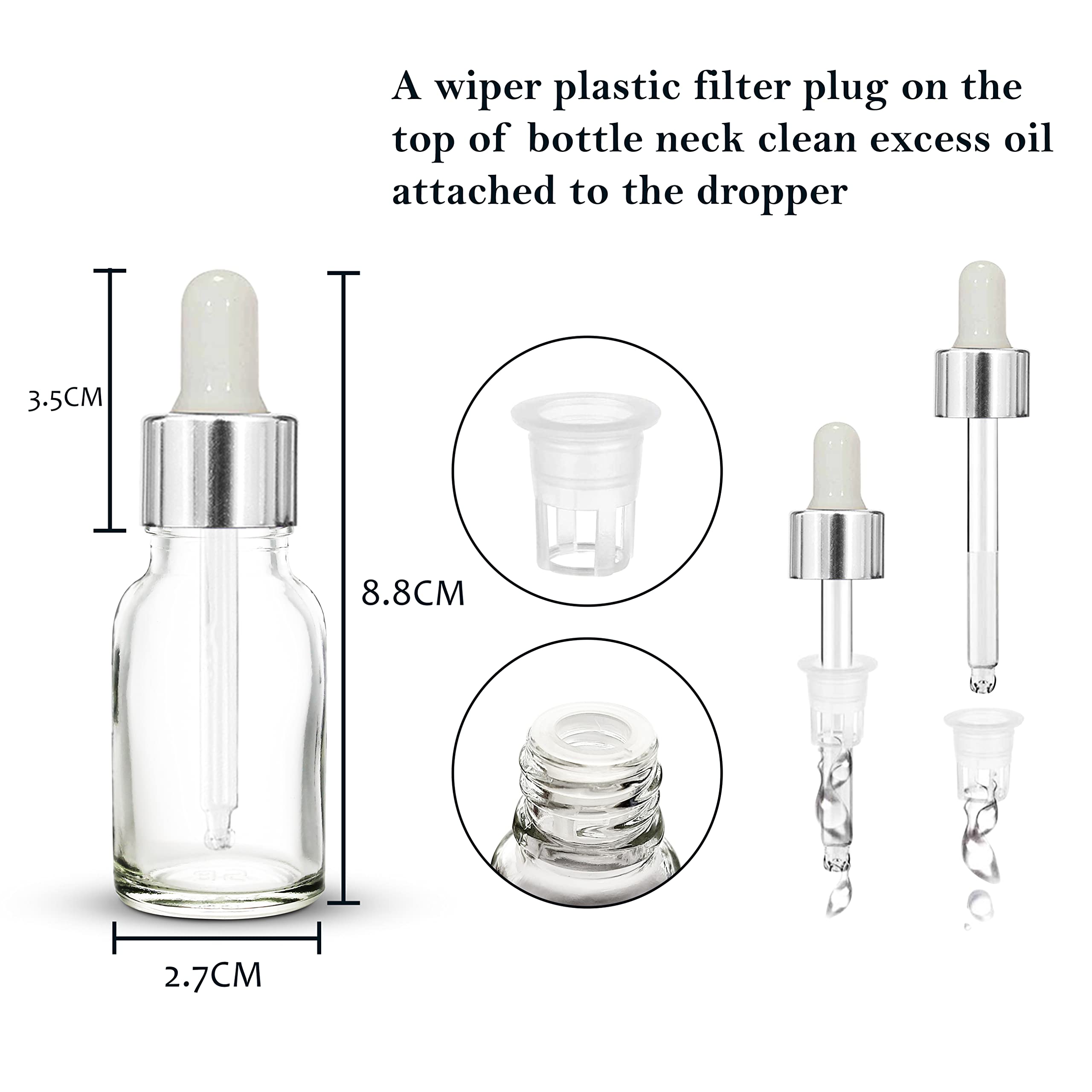 NSB Herbals 15ml Clear Empty Glass Bottle with Dropper & Silver Ring - Refillable Essential Oil, Perfume Container (Pack of 3) - Perfect for Aromatherapy, DIY Beauty & Travel Size Liquids
