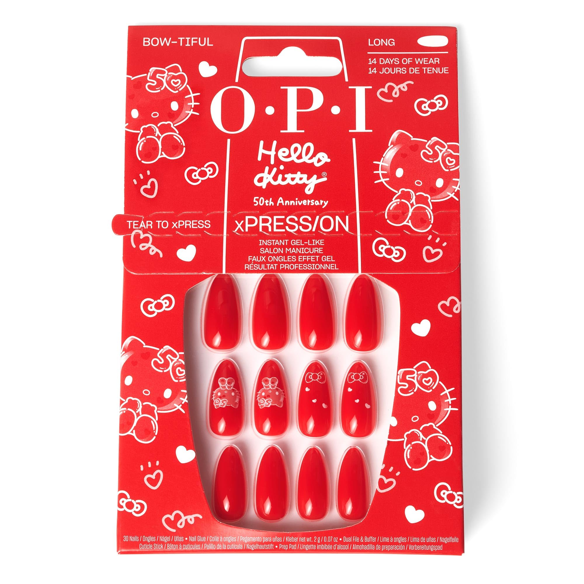 OPI xPRESS/ON Press on Nails - Long Almond Fake Nails with Nail Glue | Hello Kitty Limited Edition Collection | DIY Salon Quality Manicure at Home for Parties, Weddings & Special Occasions