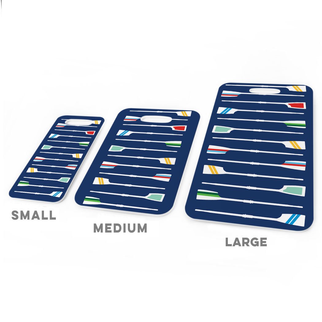 ChalkTalkSPORTS - Navy Blue Crew Luggage Tag with Oar Pattern - Personalized Custom Info on Back - Perfect for Travel, Sports Teams & Gifts
