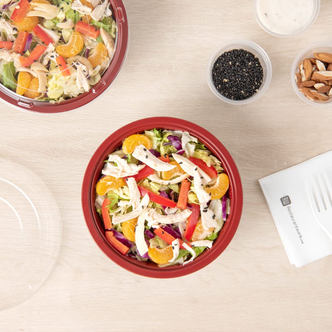 Restaurantware 18oz Disposable Food Containers - 200 Pack Salad Bowls with Lids, Microwave Safe Black & Red Plastic To-Go Bowls | Perfect for Asian Cuisine, Picnics, Takeout, Catering & Meal Prep