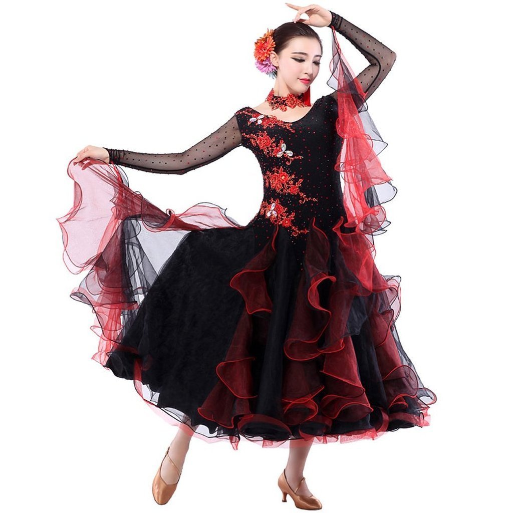 Elegant Women's Modern Waltz Tango Smooth Ballroom Dance Dress - Standard Competition Dress (Size 2XL) in Black - Perfect for Ballroom Dancing, Latin Dance & Professional Performances