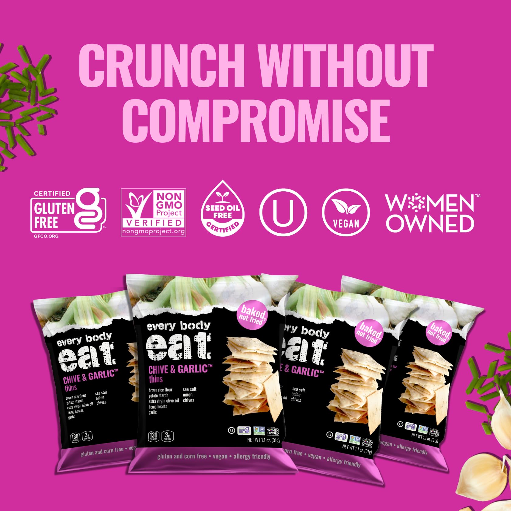 Every Body Eat Snack Thins - Chive & Garlic Flavor | Gluten Free, Dairy Free, Vegan | Perfect for School Lunches, Office Snacks & On-the-Go (20 Single Serve Packs)