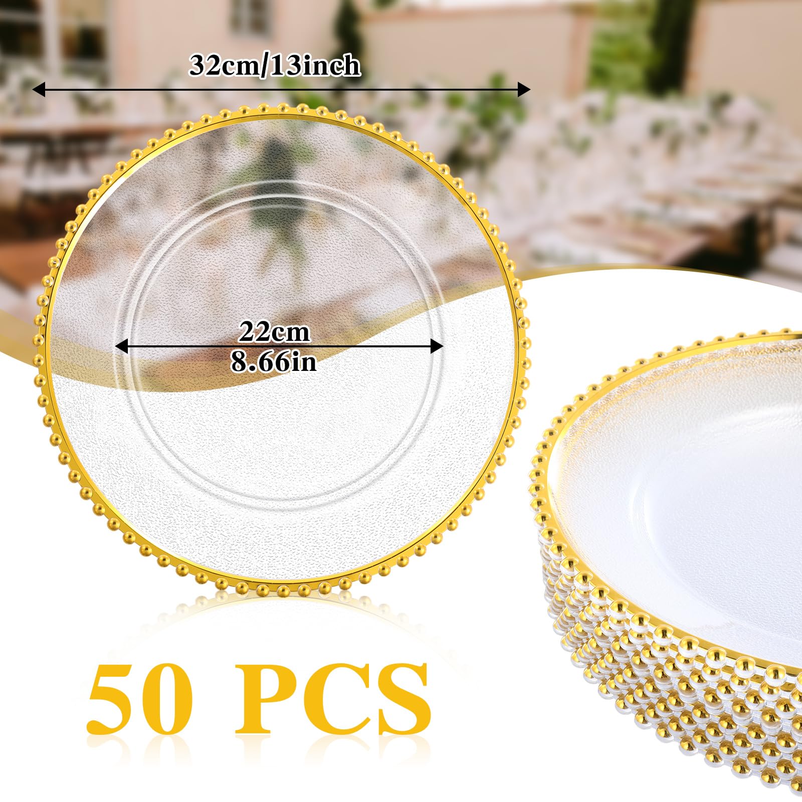 50 Pack Clear Acrylic Charger Plates - 13 Inch Round Plastic Dinner Plates with Beaded Edge & Frosted Grain for Weddings, Parties, Events - Elegant Gold Decorative Service Plates for Home, Kitchen & Tabletop Decor