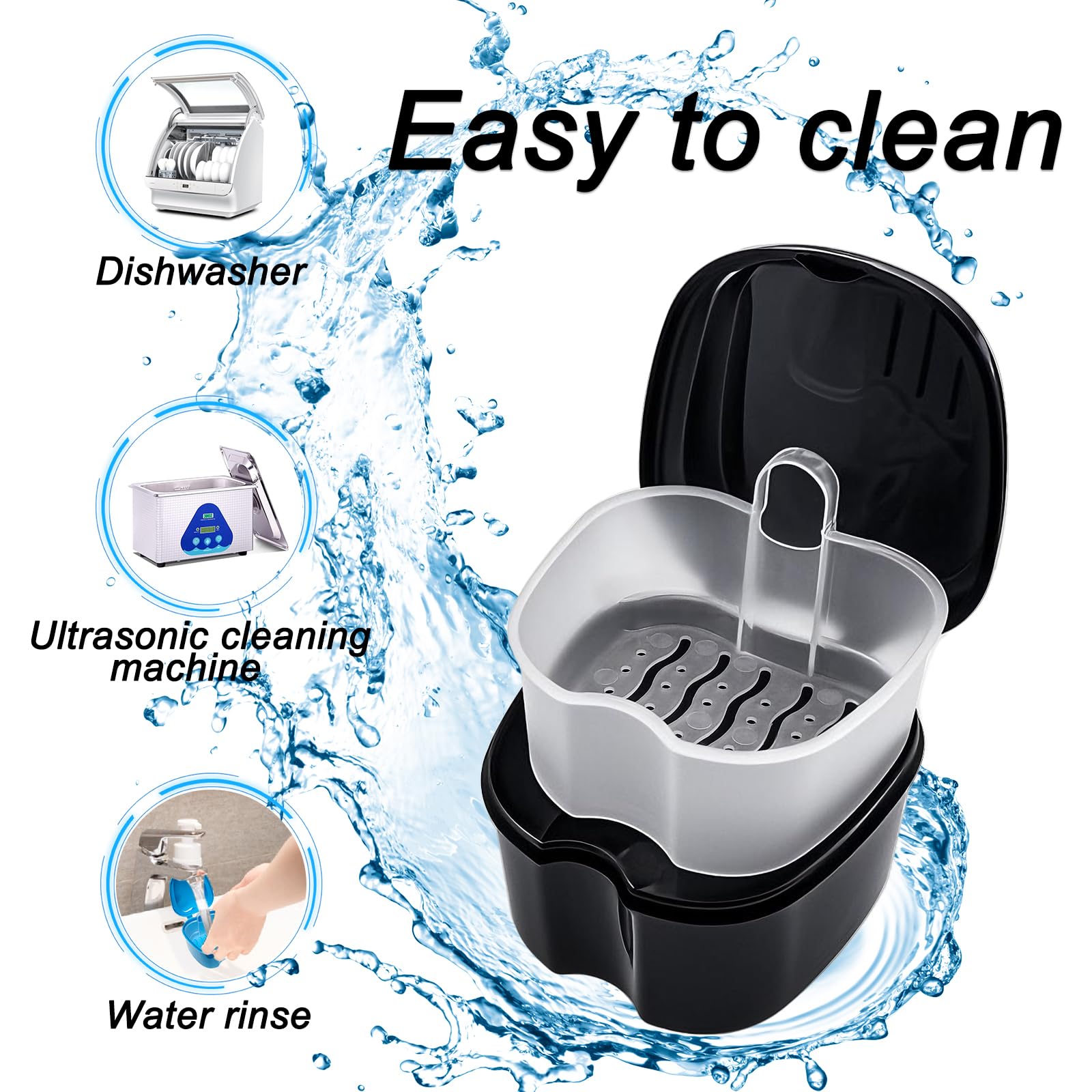 Black Denture Soaking Container with Strainer & Lid - Waterproof Denture Case for Partial Dentures, Orthodontic Retainers & Teeth Cleaning | Perfect for Travel, Nighttime Storage & Denture Care Routine