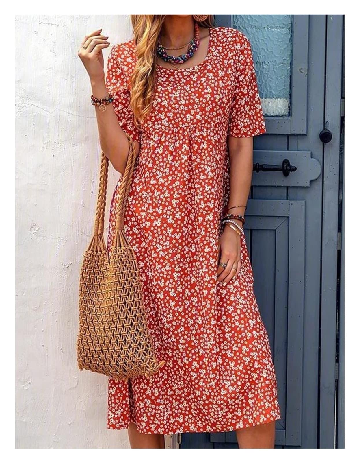 Deuyo Women's Floral Print Pleated Midi Dress - Orange Summer Dress for Mature Women | Sleeveless A-Line Dress for Casual Wear, Garden Parties & Vacation Outfits (Size S, Orange)