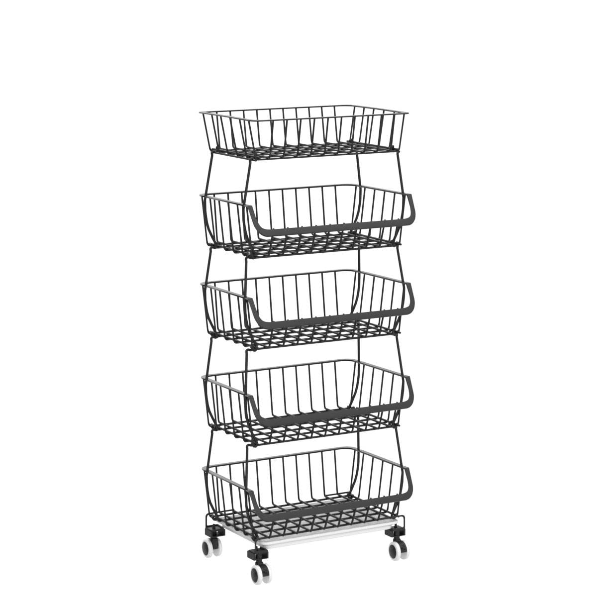 Metal Wire Baskets with Wheels - Stackable Storage Bins & Kitchen Organizer Shelf (3-6 Tier) for Fruits, Vegetables, Dishes | Garage, Pantry, Bathroom Storage Solution | Perfect for Seasonal Produce Organization & Home Decluttering