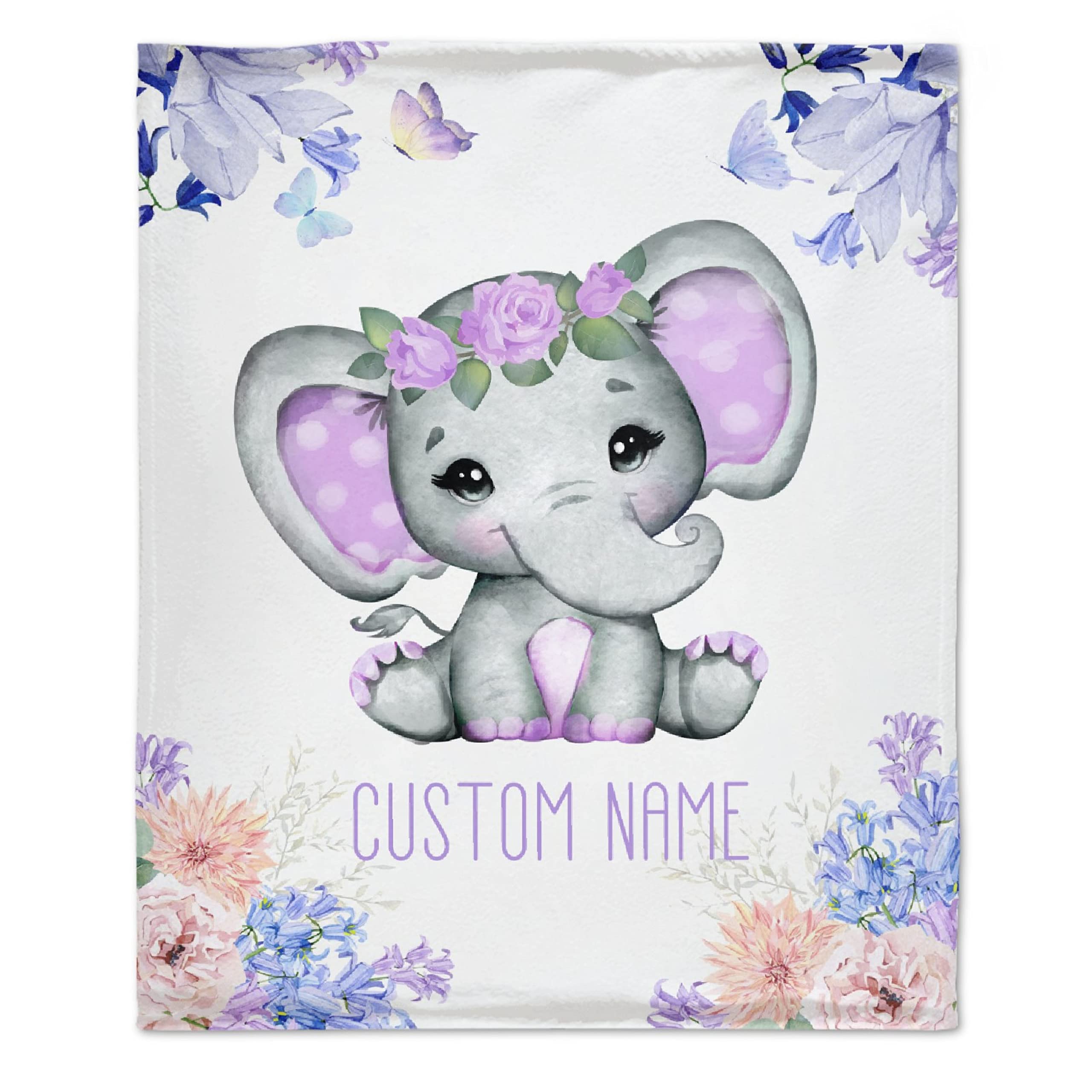 Personalized Baby Blanket with Name - Purple Floral Elephant Fleece Blanket for Girls & Boys | Custom Baby Shower Gift, Birthday Present for Daughter, Granddaughter, Niece | 120