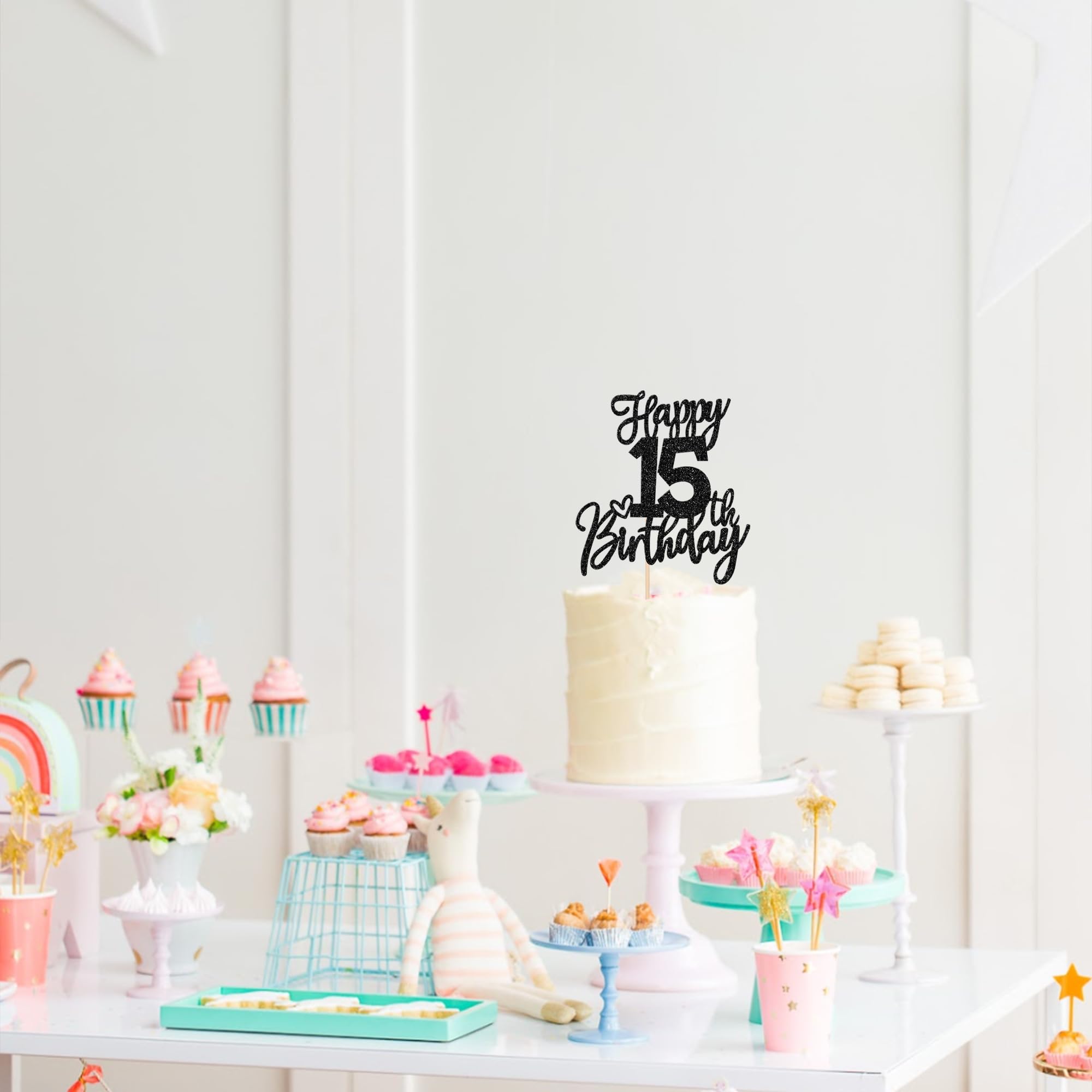 15th Birthday Cake Topper - Glitter 'Cheers to 15 Years' Cake Decoration | Sweet 15 Fabulous Party Supplies for Anniversary Theme Celebrations (Black) - Perfect for Birthday Cakes, Cupcakes & Dessert Tables