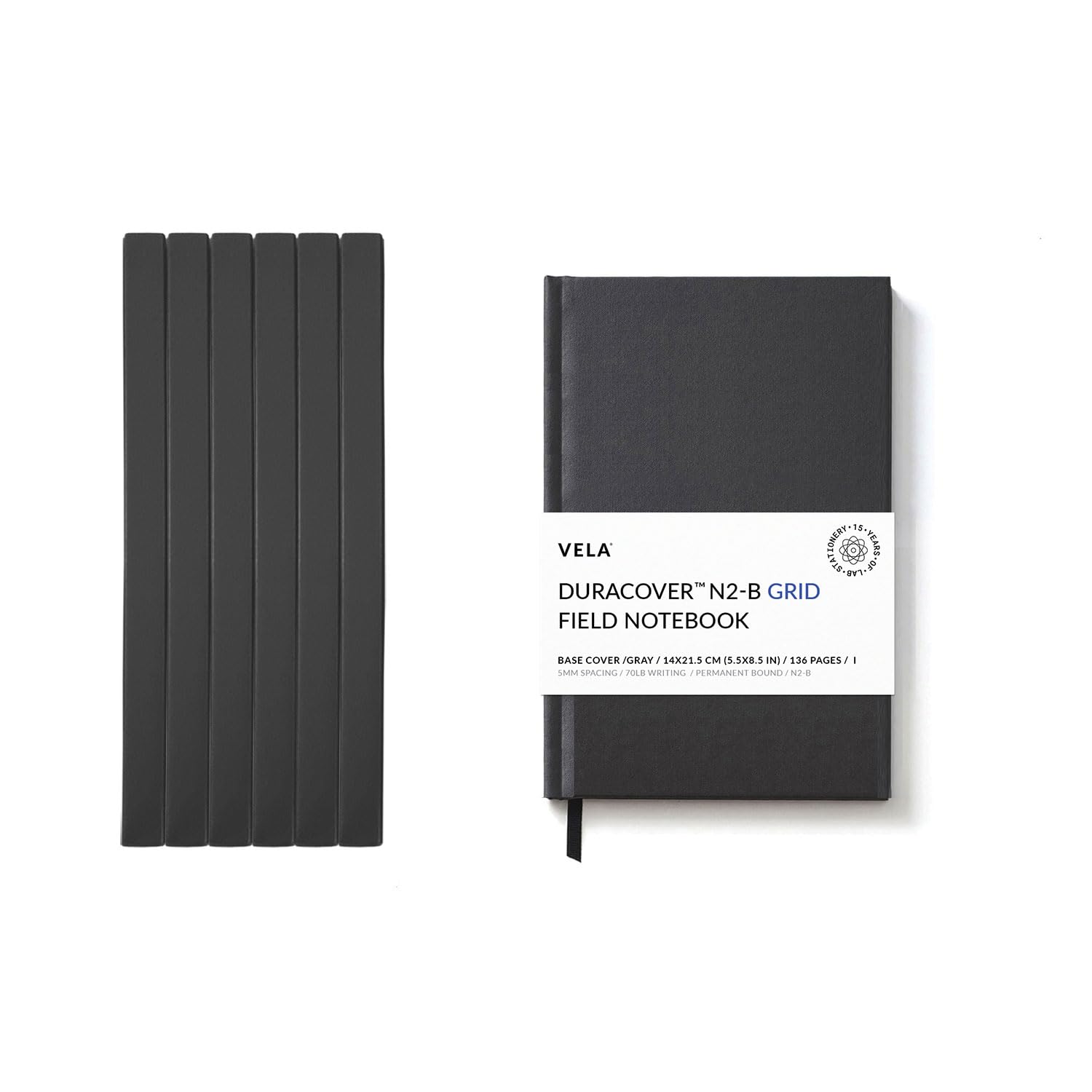 N2-B Field DuraCover Notebook - 5.5 x 8.5 Inches (14 x 21.5 cm), 136 Pages, Gray Saturated Weave, Permanent Bound, 70lb Heavyweight Paper - 6-Pack Grid Style - Perfect for Journaling, Sketching & Field Notes