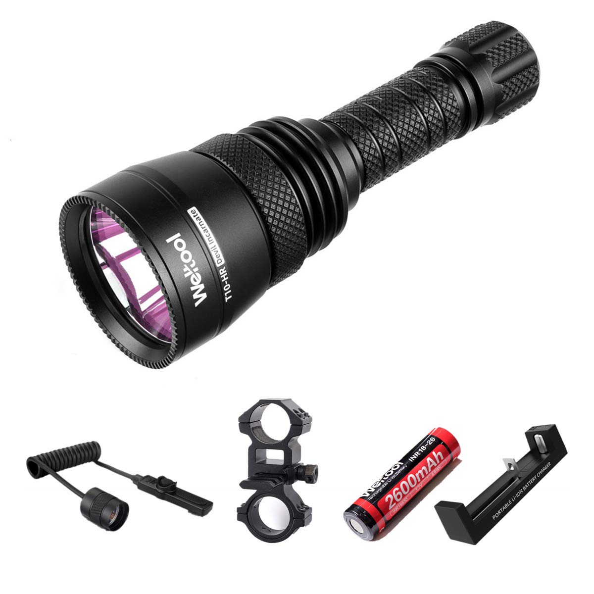 Weltool T10-HR Red Hunting Flashlight Kit - 492 Yards Long Distance Focused Beam, Scope Mount, Pressure Switch, Battery & Charger for Predator Hog Varmint Hunting - Ideal for Night Hunting, Wildlife Observation, and Outdoor Adventures