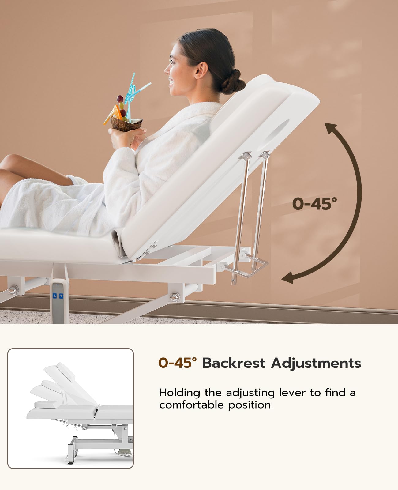 Electric Lift Massage Table with Adjustable Backrest & Face Hole - Professional Spa Facial Treatment Bed for Estheticians, Waxing & Lash Extensions - White Beauty Salon Table for Home & Clinic Use