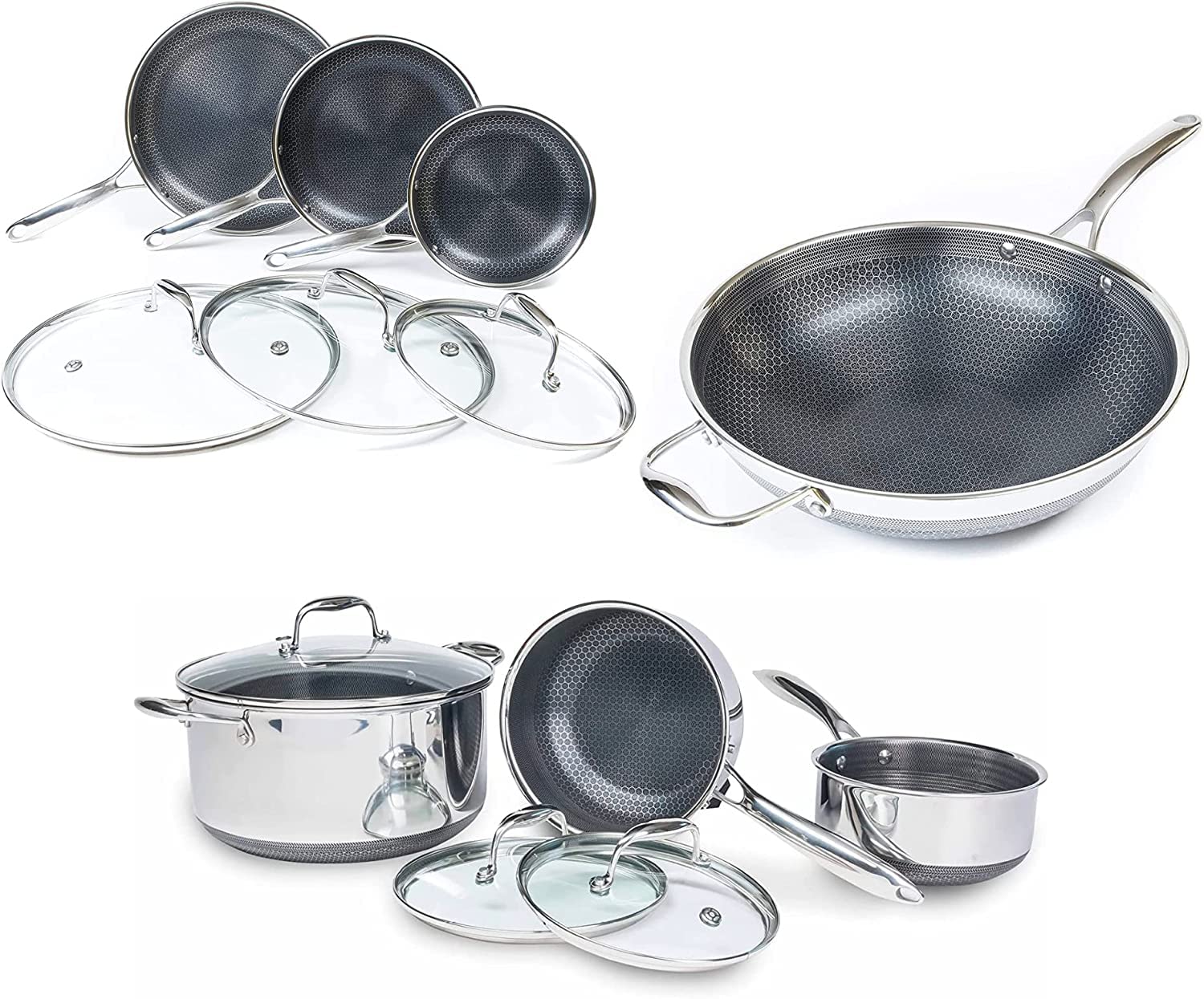 HexClad 13-Piece Hybrid Stainless Steel Cookware Set - Nonstick Induction Cookware with 6 Frying Pans, 6 Pasta Pots & 12-Inch Wok | PFOA-Free, Oven & Dishwasher Safe | Perfect for Home Cooking, Professional Kitchens & Gift Giving