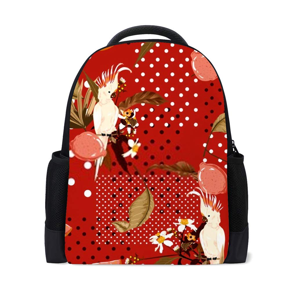 Kuizee 16 Inch Durable School Backpack - Red Exotic Tropical Macaw Bird Print with Polka Dots, College Book Bag for Travel & Daily Use | Perfect for Students, Commuters & Outdoor Activities