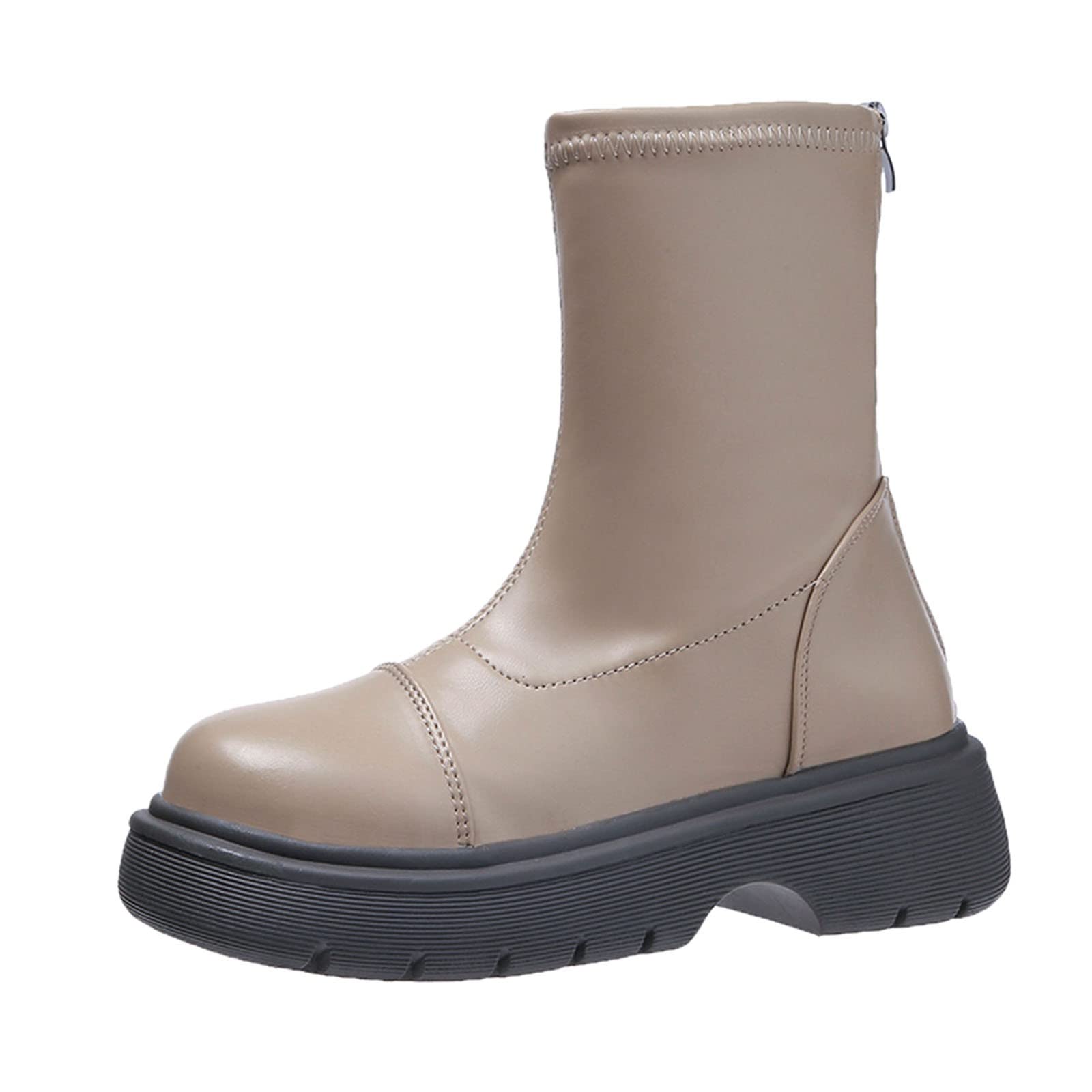 Women's Autumn Ankle Boots - Thick Sole Round Toe Mid-Calf Casual Comfortable Boots in Khaki | Perfect for Fall Outfits, Work & Weekend Wear