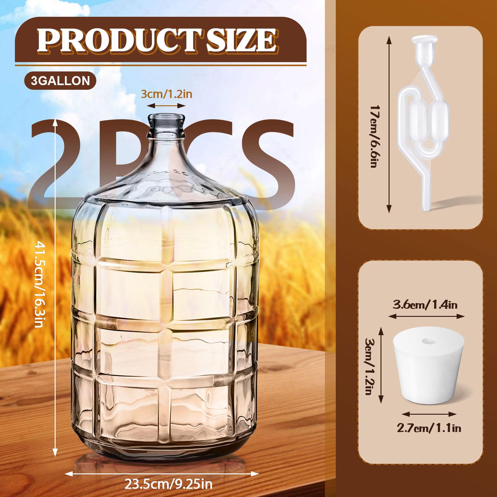 2-Piece Glass Carboy Set (3 Gallon) - Clear Fermentation Jug with Drilled & Undrilled Silicone Stoppers & Airlock for Home Brewing Beer, Wine, Mead, Cider | Perfect for Fermentation, Aging, and Storage