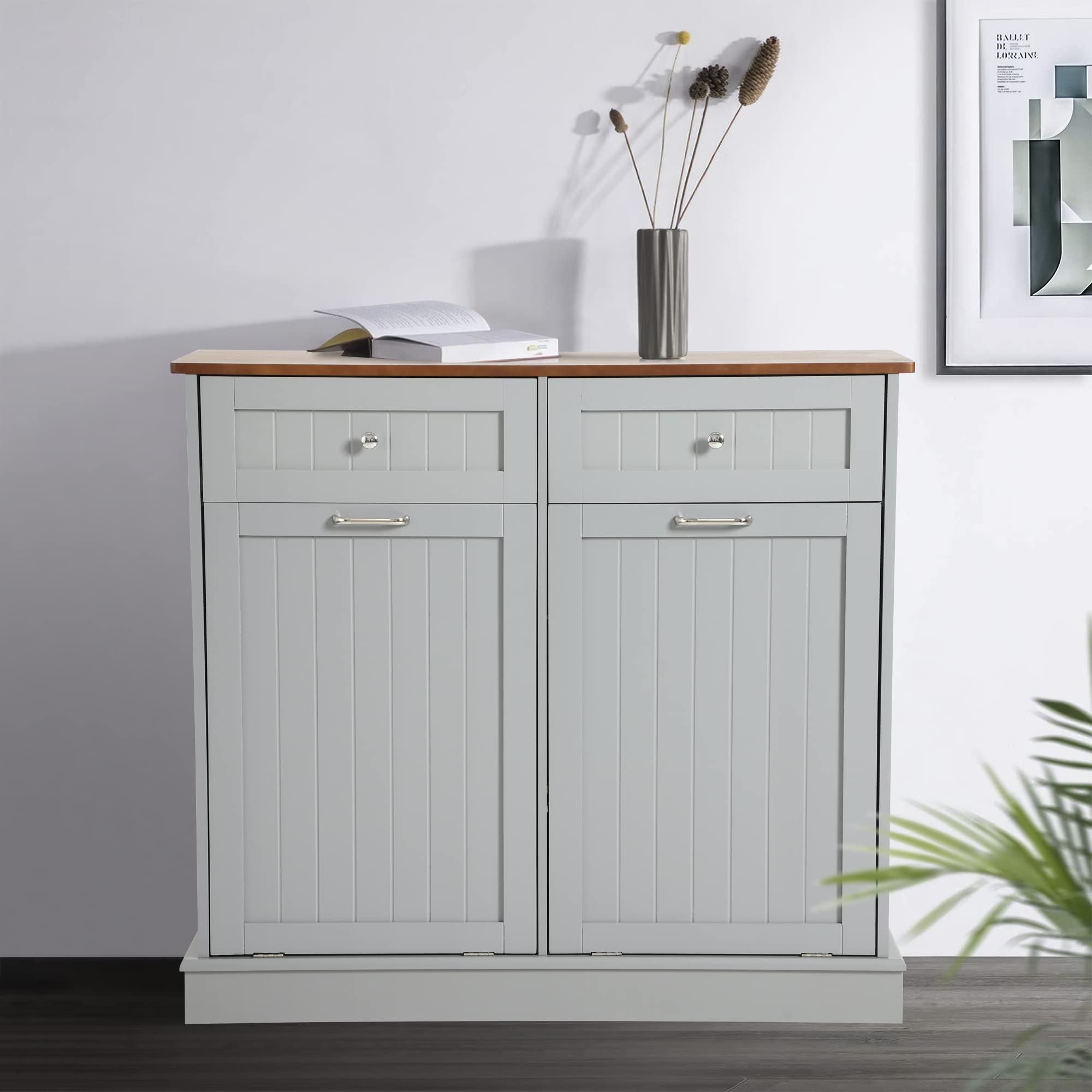Tilt Out Trash Can Cabinet with Double Hidden Can Holder - Wooden Free Standing Kitchen Recycling Storage - Dog Proof Gray Cabinet for Waste Management & Home Organization