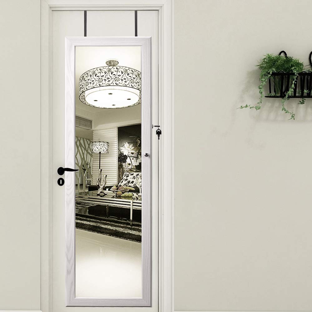 Soges Jewelry Armoire with Full-Length Mirror & LED Lights - Lockable Wall-Mounted Jewelry Cabinet Organizer with 2 Drawers, White - Perfect for Bedroom Closet, Dressing Room & Vanity Organization