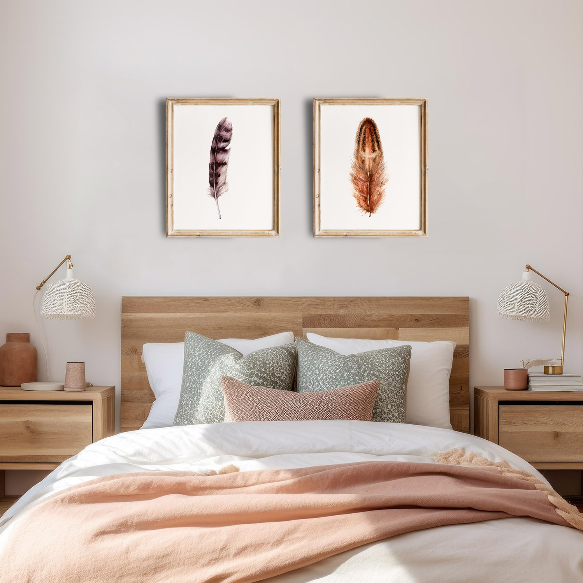 Feather Art Prints Set of 6 - 8x10 Inch Unframed Rustic Wall Decor - Nature Inspired Home Decor for Living Room, Bedroom & Office - Farmhouse Style Feather Painting for Boho, Modern & Country House Decor