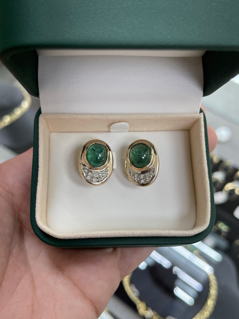 10.14tcw 14K Yellow Gold Emerald Cabochon & Diamond Accent Clip-On Earrings for Women | Luxury Wedding, Party & Evening Wear Jewelry Gift