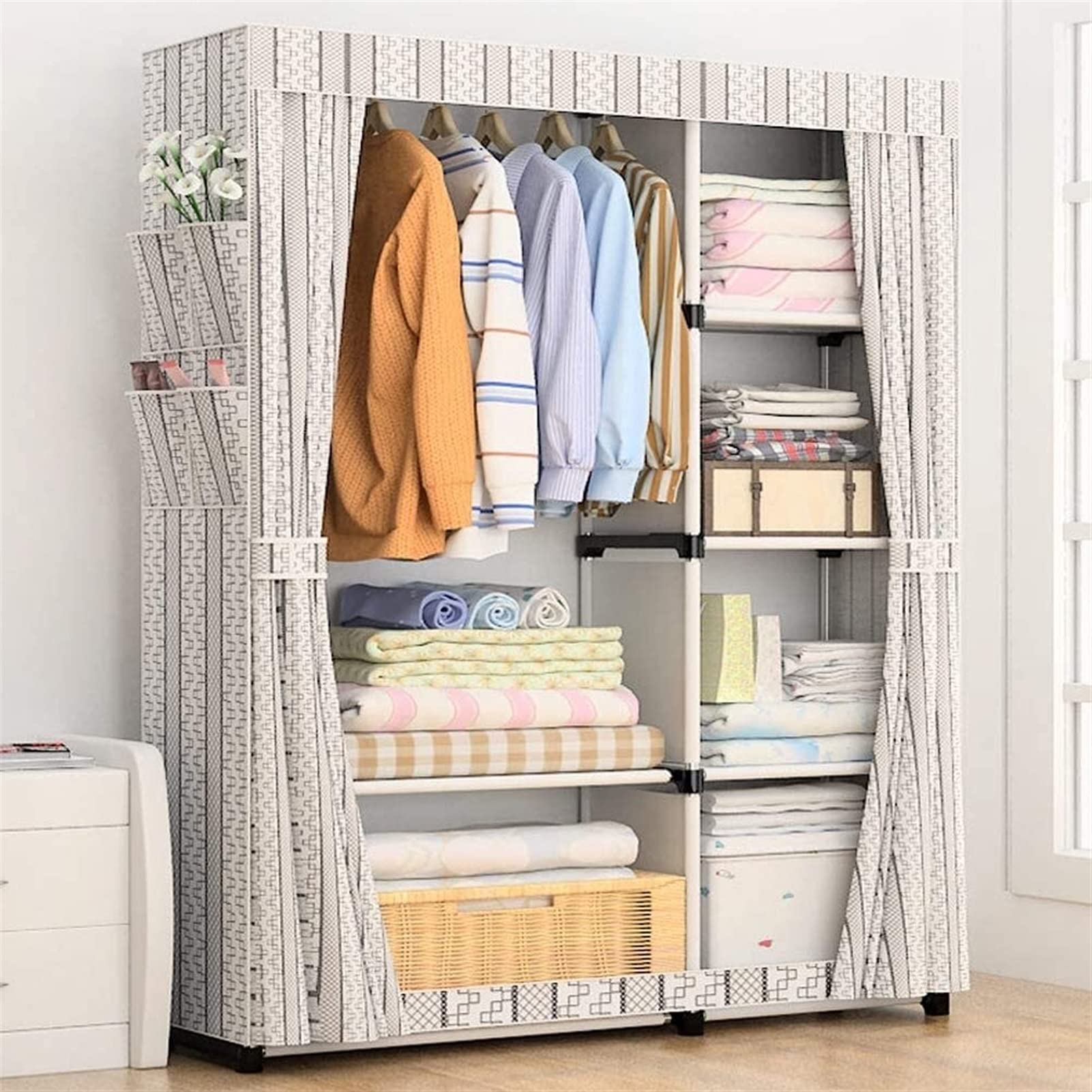 Portable Standing Wardrobe Closet - Foldable Clothes Storage Organizer with Shelves for Home, Office & Travel | Space-Saving Solution for Small Spaces, Dorm Rooms & Temporary Storage | Ideal for Apartments, Camping & Guest Rooms | HAODAMAI (Color: E)